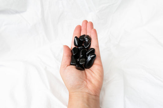 Hand holding black obsidian crystal tumblestones against a white background