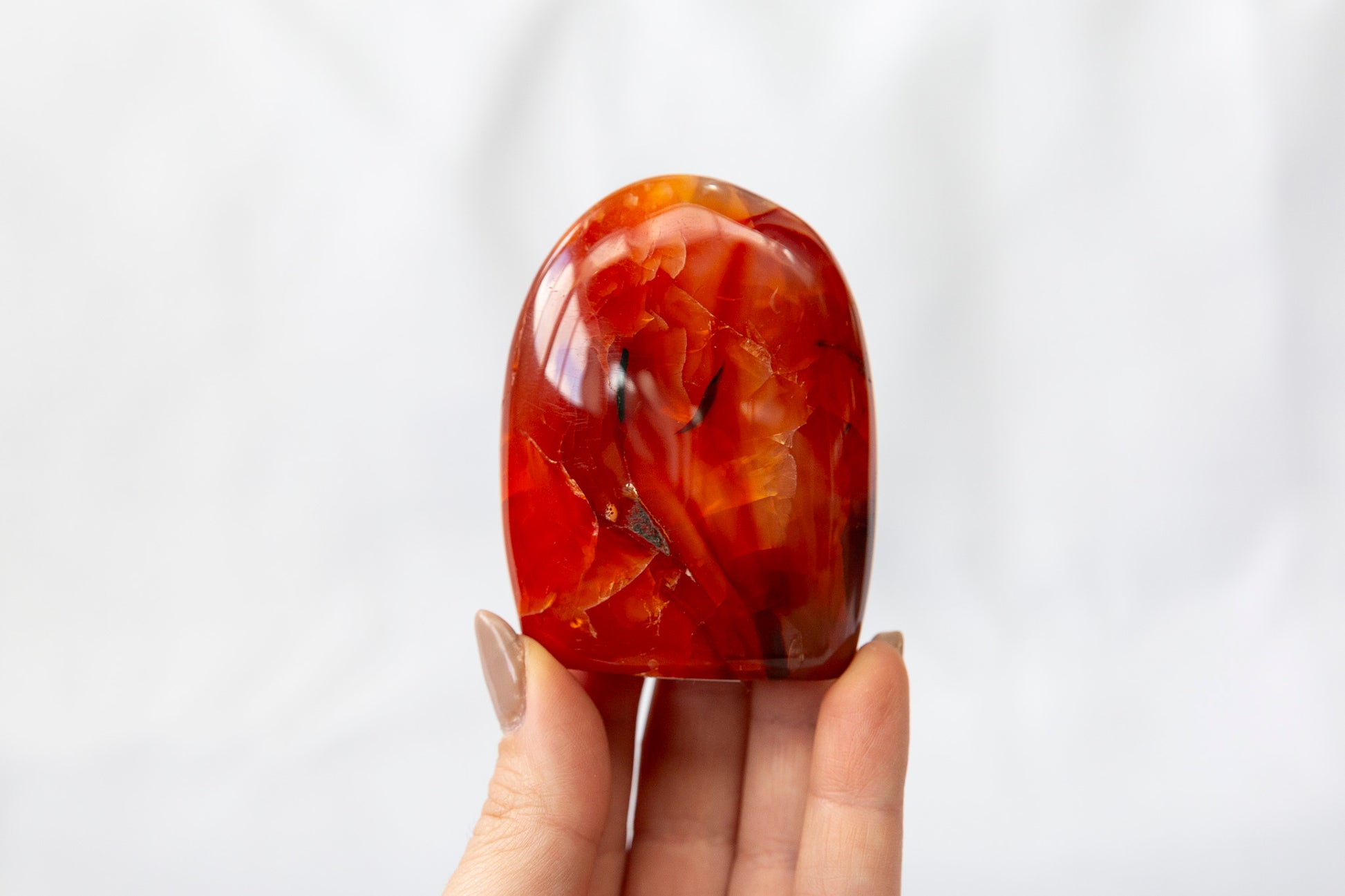 Hand holding a polished orange and red stone against a white background