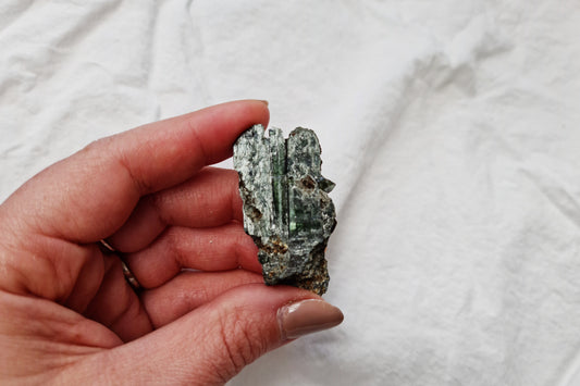 Hand holding a vivianite crystal specimen against a white fabric background