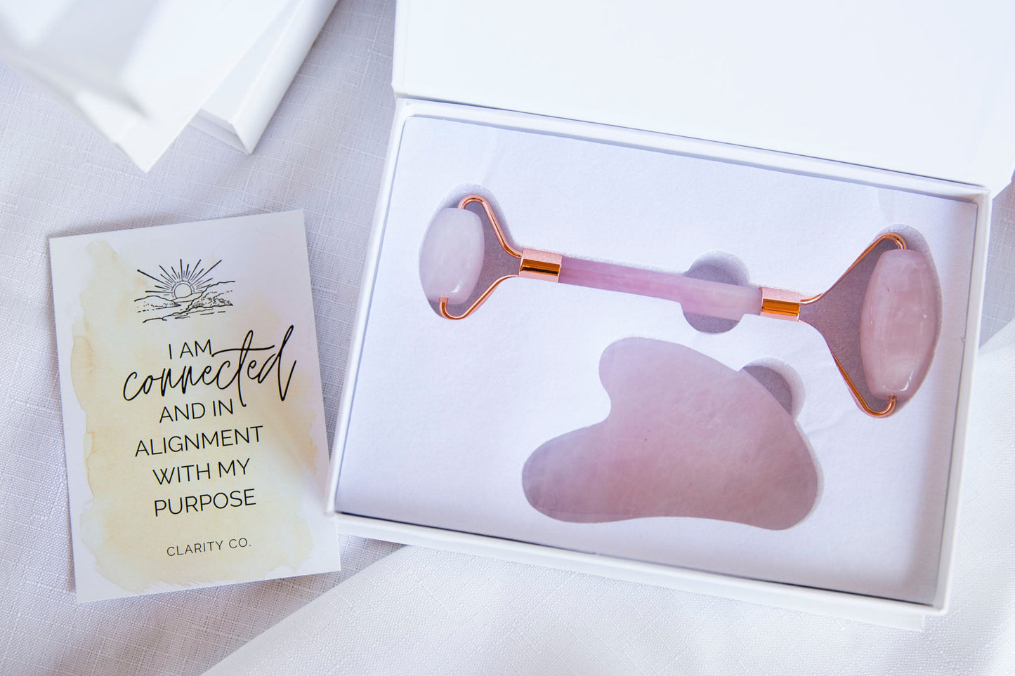 Rose Quartz Gua Sha + Facial Roller Set - Premium Crystals + Gifts from Clarity Co. - NZ's Favourite Online Crystal Shop